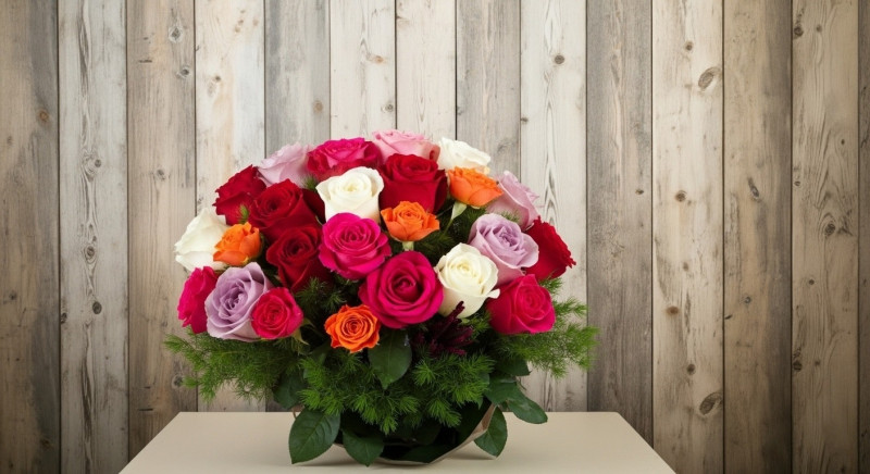 Yeşil mor buket kâğıtta renklı güller 