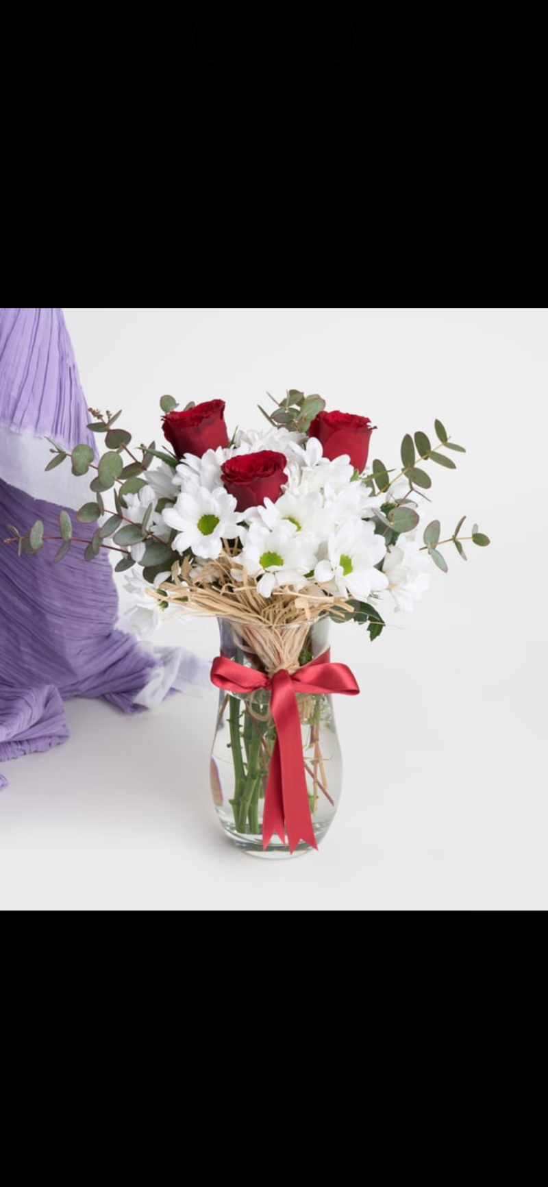 Silindir vadoza 3 kırmızı gül ve beyaz papatyalar 